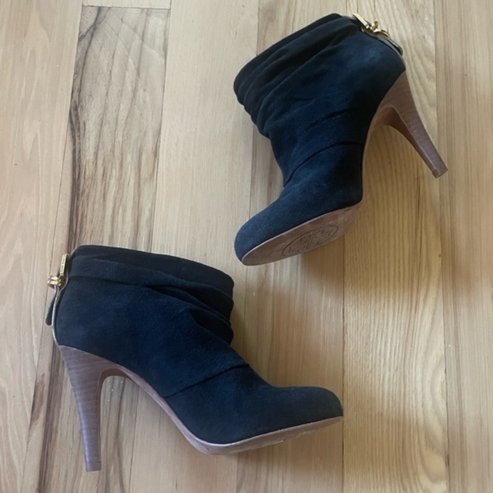 Tory Burch Black Suede Ankle Booties with Wood Stacked Heel